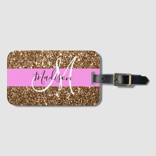 Glam Pink & Bronze Glitzer Glitzern Monogram Name Gepäckanhänger (Vorderseite (Horizontal))