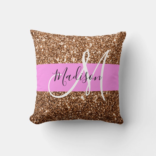 Glam Pink & Bronze Glitzer Glitzern Monogram Name Kissen (Vorderseite)