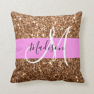 Glam Pink & Bronze Glitzer Glitzern Monogram Name Kissen