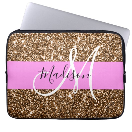 Glam Pink & Bronze Glitzer Glitzern Monogram Name Laptopschutzhülle (Vorderseite)