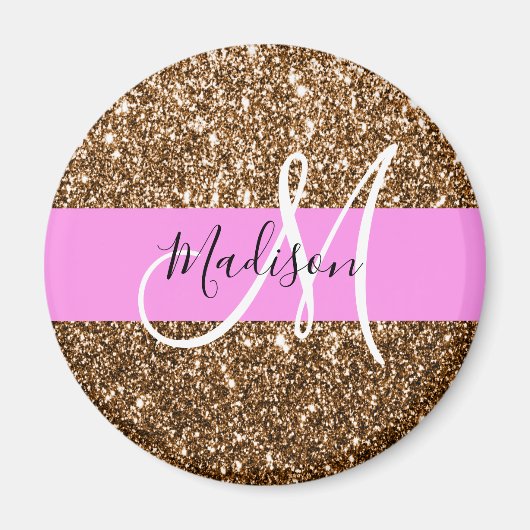 Glam Pink & Bronze Glitzer Glitzern Monogram Name Magnet (Vorne)