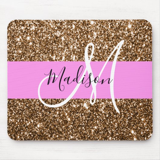 Glam Pink & Bronze Glitzer Glitzern Monogram Name Mousepad (Vorne)