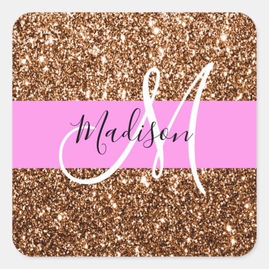 Glam Pink & Bronze Glitzer Glitzern Monogram Name Quadratischer Aufkleber (Vorderseite)