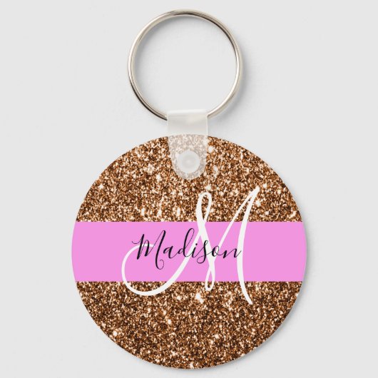 Glam Pink & Bronze Glitzer Glitzern Monogram Name Schlüsselanhänger (Vorderseite)