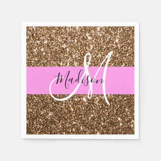 Glam Pink & Bronze Glitzer Glitzern Monogram Name Serviette (Vorderseite)