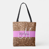 Glam Pink & Bronze Glitzer Glitzern Monogram Name Tasche (Rückseite)