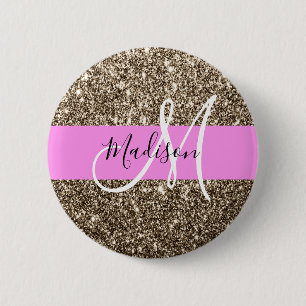 Glam Pink Champagne Gold Glitzer Sparkone Monogram Button