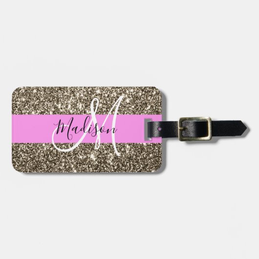 Glam Pink Champagne Gold Glitzer Sparkone Monogram Gepäckanhänger (Vorderseite horizontal)