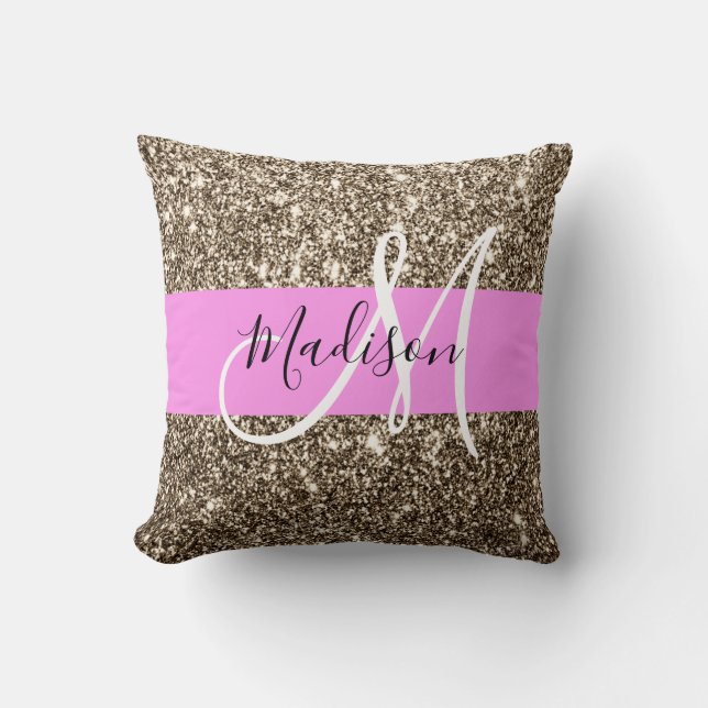 Glam Pink Champagne Gold Glitzer Sparkone Monogram Kissen (Vorderseite)
