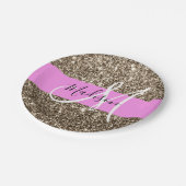 Glam Pink Champagne Gold Glitzer Sparkone Monogram Pappteller (Schrägansicht)