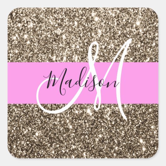 Glam Pink Champagne Gold Glitzer Sparkone Monogram Quadratischer Aufkleber (Vorderseite)