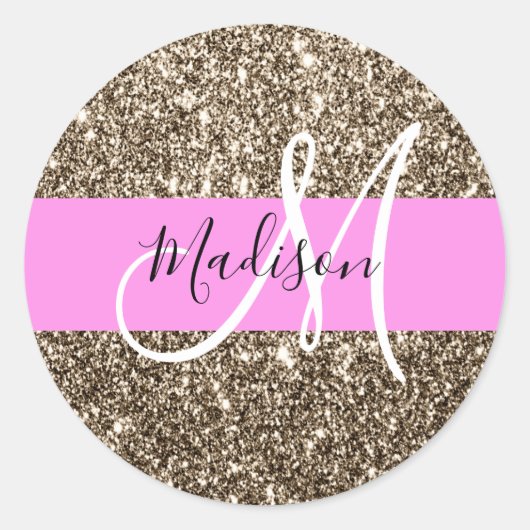 Glam Pink Champagne Gold Glitzer Sparkone Monogram Runder Aufkleber (Vorderseite)