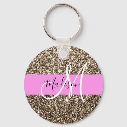 Glam Pink Champagne Gold Glitzer Sparkone Monogram Schlüsselanhänger (Vorderseite)