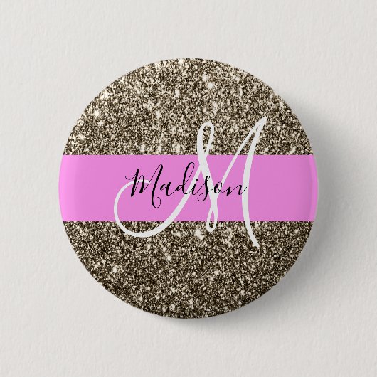 Glam Pink Champagner Gold Glitter Funkeln Monogram Button (Vorderseite)