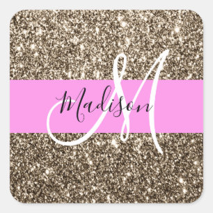 Glam Pink Champagner Gold Glitter Funkeln Monogram Quadratischer Aufkleber