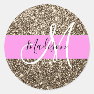 Glam Pink Champagner Gold Glitter Funkeln Monogram Runder Aufkleber
