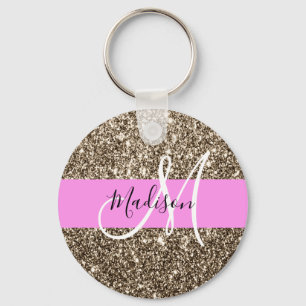 Glam Pink Champagner Gold Glitter Funkeln Monogram Schlüsselanhänger