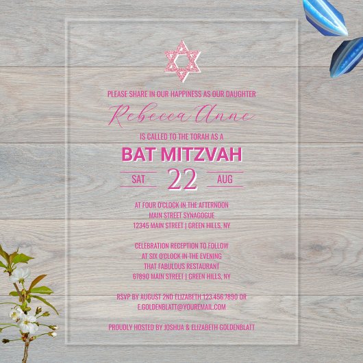 Glam Pink Chic Traditionelles Elegant Bat Mitzvah Acryleinladungen