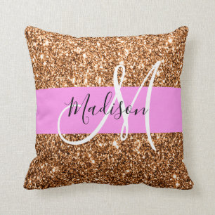 Glam Pink & Copper Glitzer Glitzern Monogramm Name Kissen