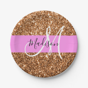 Glam Pink & Copper Glitzer Glitzern Monogramm Name Pappteller