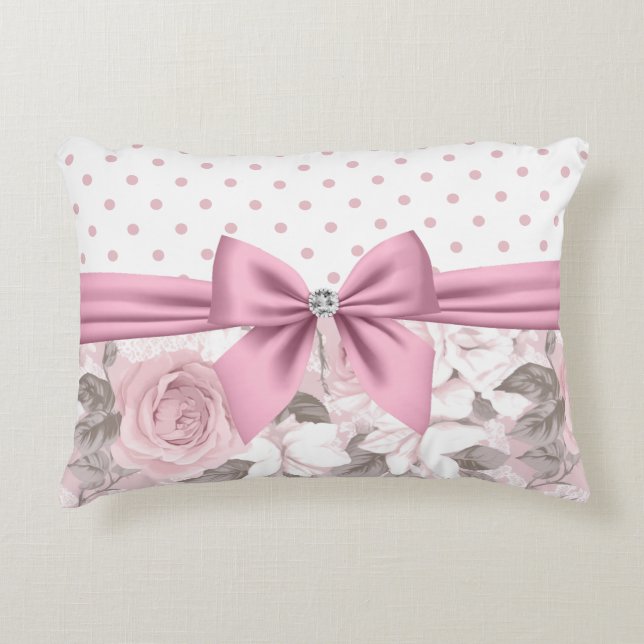 Glam Pink Diamond Bow Floral Polka Dots Dekokissen (Vorderseite)
