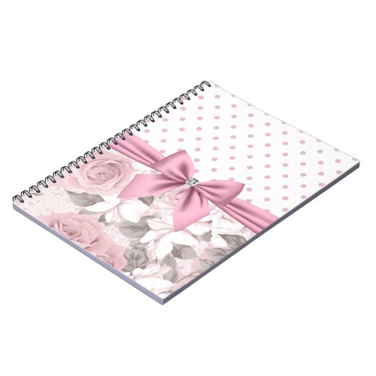 Glam Pink Diamond Bow Floral Polka Dots Notizblock (Linke Seite)