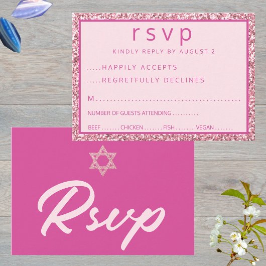 Glam Pink Elegant Star von David Bat Mitzvah RSVP Karte