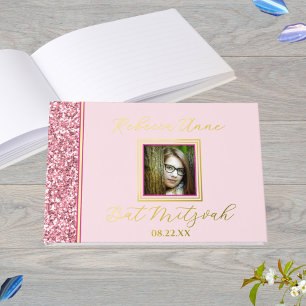 Glam Pink Elegantes Foto Bat Mitzvah Gold Gästebuch