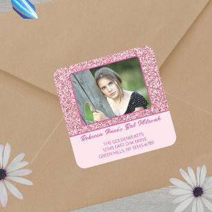 Glam Pink Elegantes Foto für ihr Bat Mitzvah Quadratischer Aufkleber