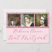 Glam Pink Elegantes Script 3 Foto Bat Mitzvah Einladung (Vorderseite)