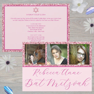 Glam Pink Elegantes Script 3 Foto Bat Mitzvah Einladung