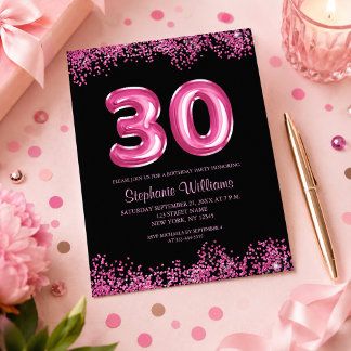 Glam Pink Foil Ballon 30. Geburtstag Einladung Flyer