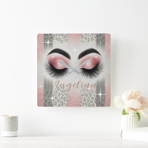 Glam Pink Glitter Wimpern Quadratische Wanduhr