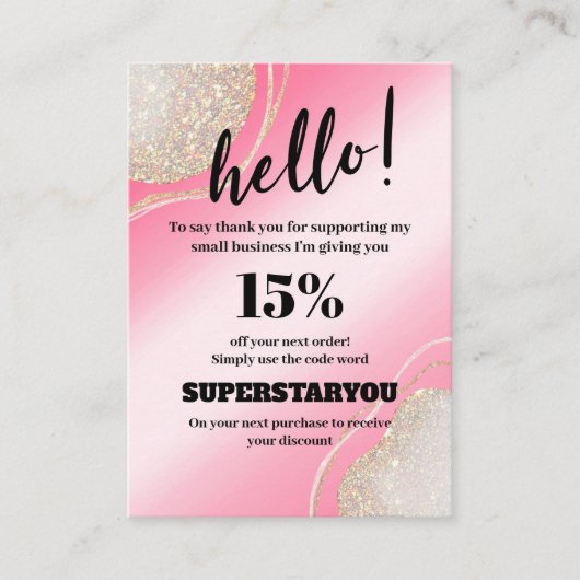 Glam Pink Glitzer Danke für Ihre Discount-Karte ei Visitenkarte (Vorderseite)