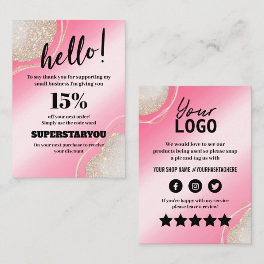 Glam Pink Glitzer Danke für Ihre Discount-Karte ei Visitenkarte (Vorne/Hinten)