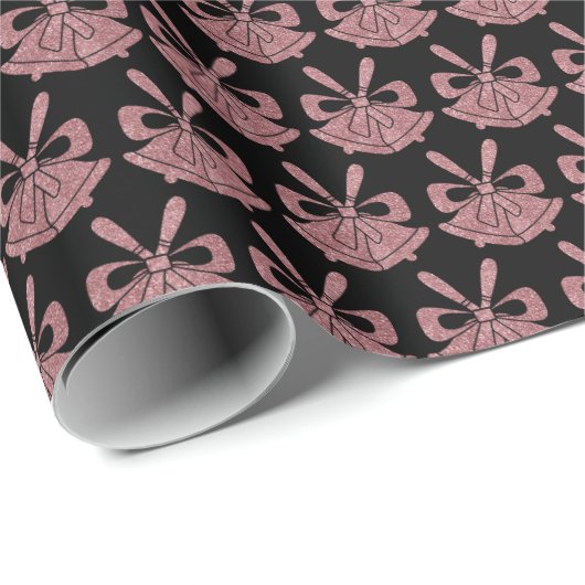 Glam Pink Glitzer Glocken auf Schwarz Urlaub Geschenkpapier (Rolleneckpunkt)
