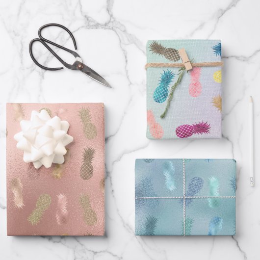 Glam Pink Glitzer Gold Ananas Geschenkpapier Set (Vorderseite)