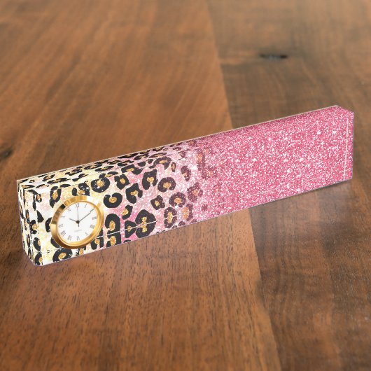 Glam Pink Glitzer Leopard Muster Namensplakette (Seite)