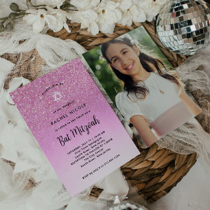 Glam Pink Glitzer Look Bat Mitzvah   Foto zurück Einladung