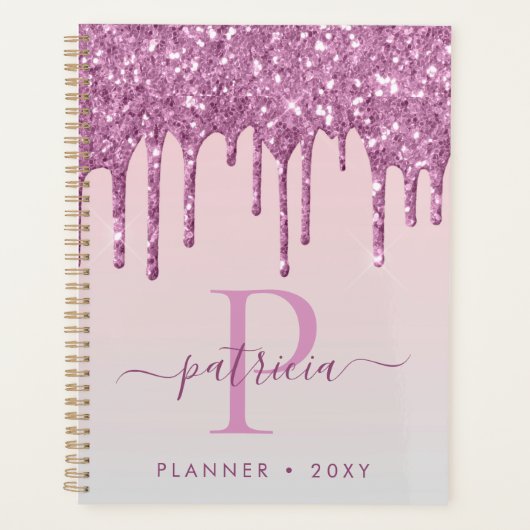 Glam Pink Glitzer Tropfen Elegante Monogram Planer (Vorderseite)