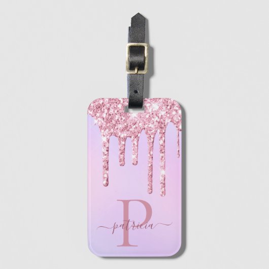 Glam Pink Glitzer Tropfen Elegantes Monogramm Gepäckanhänger (Vorderseite Vertikal)
