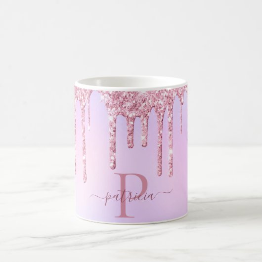 Glam Pink Glitzer Tropfen Elegantes Monogramm Kaffeetasse (Mittel)