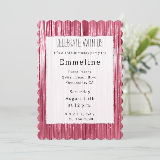Glam Pink Glitzy Sparkle Streifen Einladung (Stehend Vorderseite)