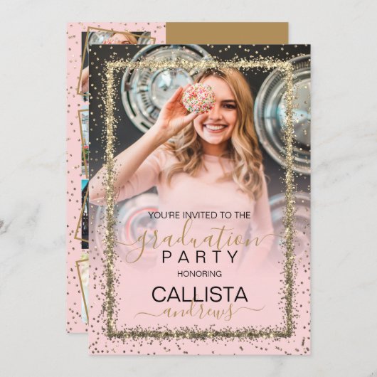 Glam Pink Gold Confetti Border Foto Abschluss Einladung (Vorne/Hinten)