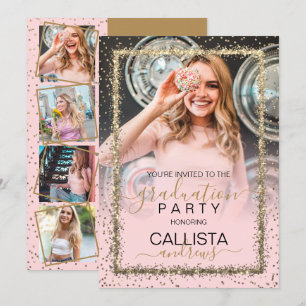 Glam Pink Gold Confetti Border Foto Abschluss Einladung