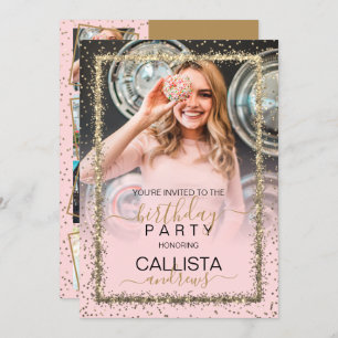 Glam Pink Gold Confetti Border Foto Geburtstag Einladung