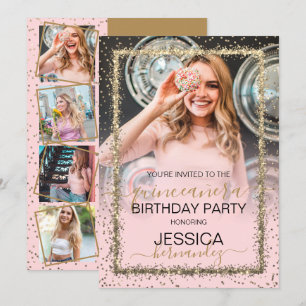 Glam Pink Gold Confetti Border Foto Quinceañera Einladung