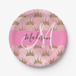 Glam Pink & Gold Glitter Funken Kronen Monogramm Pappteller