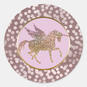 Glam Pink & Gold Glitzer Flying Unicorn Gefallen Runder Aufkleber