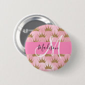 Glam Pink & Gold Glitzer Glitzern Kronen Monogramm Button (Vorne & Hinten)